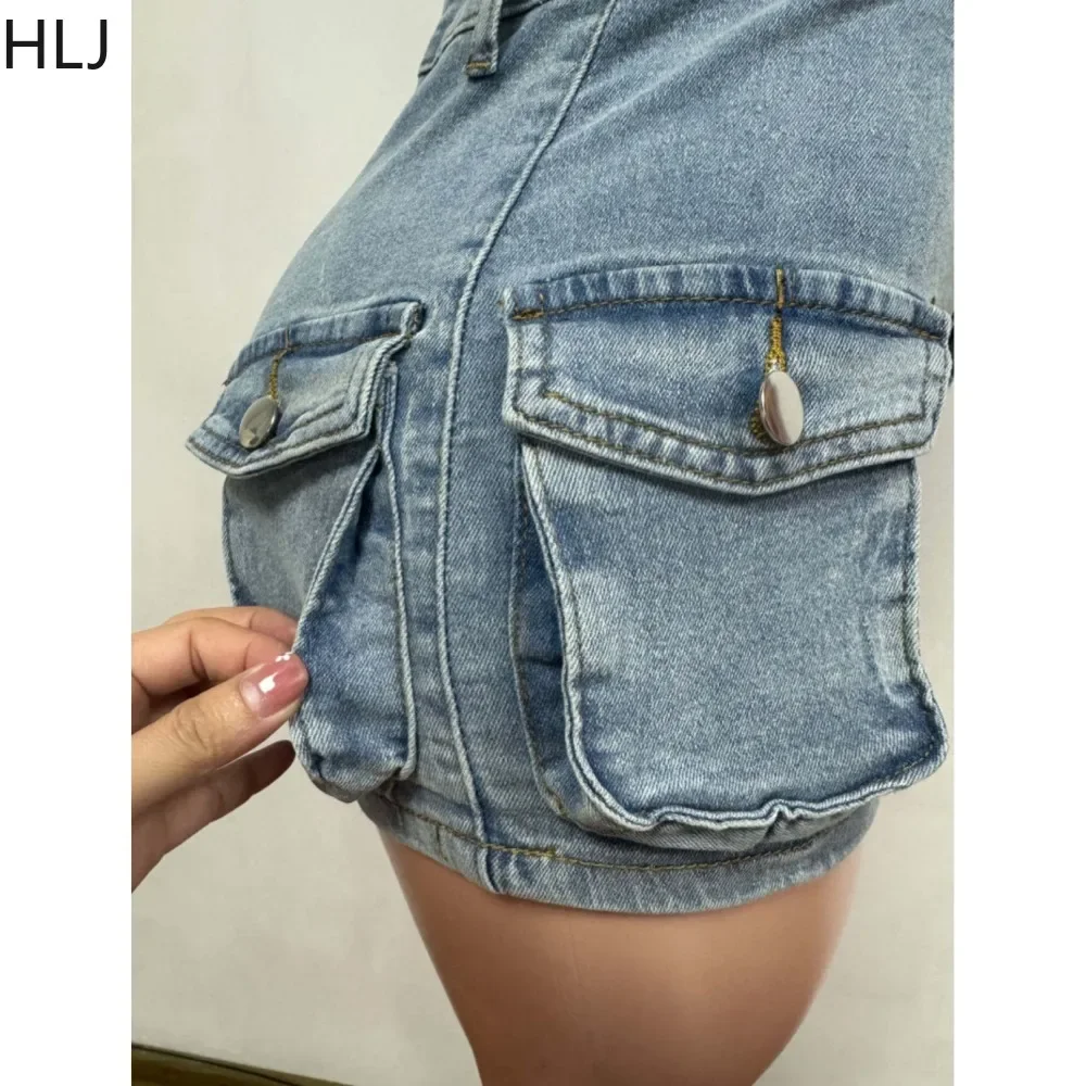 HLJ Blue Sexy Denim Off Shoulder Bodycon One Pieces Rompers Women Button Sleeveless Slim Cargo Jeans Jumpsuits Fashion Overalls