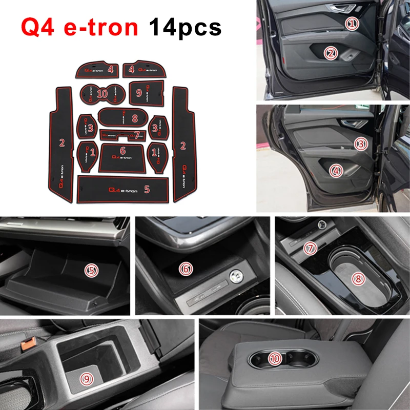 14pcs For Audi Q4 E-tron Car Styling Interior Anti-Slip Mat Cup Holder Mat Door Groove Pad Cushion Rubber Mat Accessories