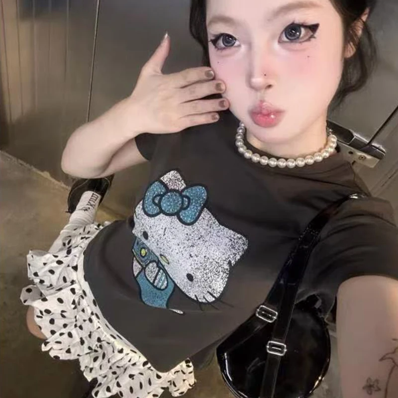 

Sanrio Summer Kawaii Hello Kitty T-Shirt Anime New Style Loose Preppy Girl Student Fashion Sweet Loose Short Sleeve Tops