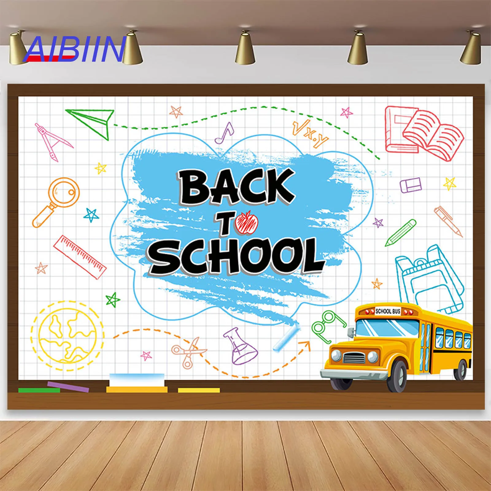 

Back to School Photography Backdrop Blackboard Bus Pencil Stationery Bunting Photo Background Classroom Student Party Decoration