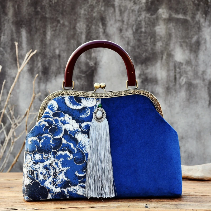 

Top Handle Handbag Classic Blue Bags Mother Gift Bag Women Fringe Tassel Bags Wood Frame Bag