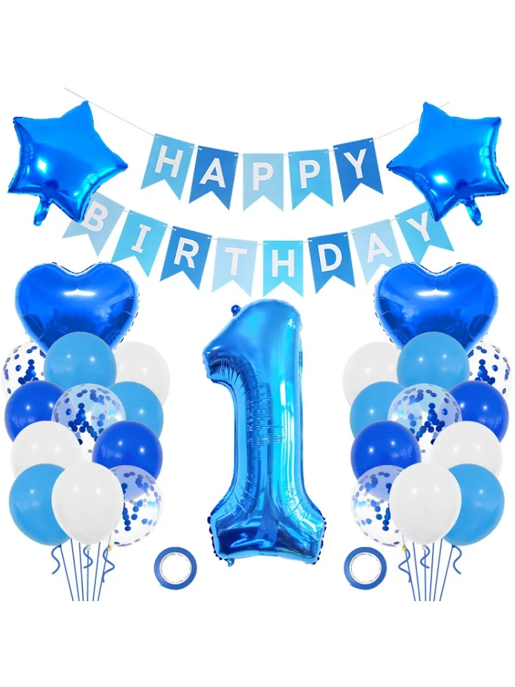 

New 32 inch blue digital balloon set with heart-shaped aluminum film flag for home birthday party decoration for baby