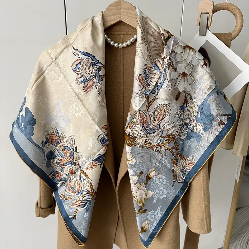 19 Momme105x105CM 100% Pure Mulberry Silk Square Scarf  Double Sided Silk Printed Winter Versatile Shawl