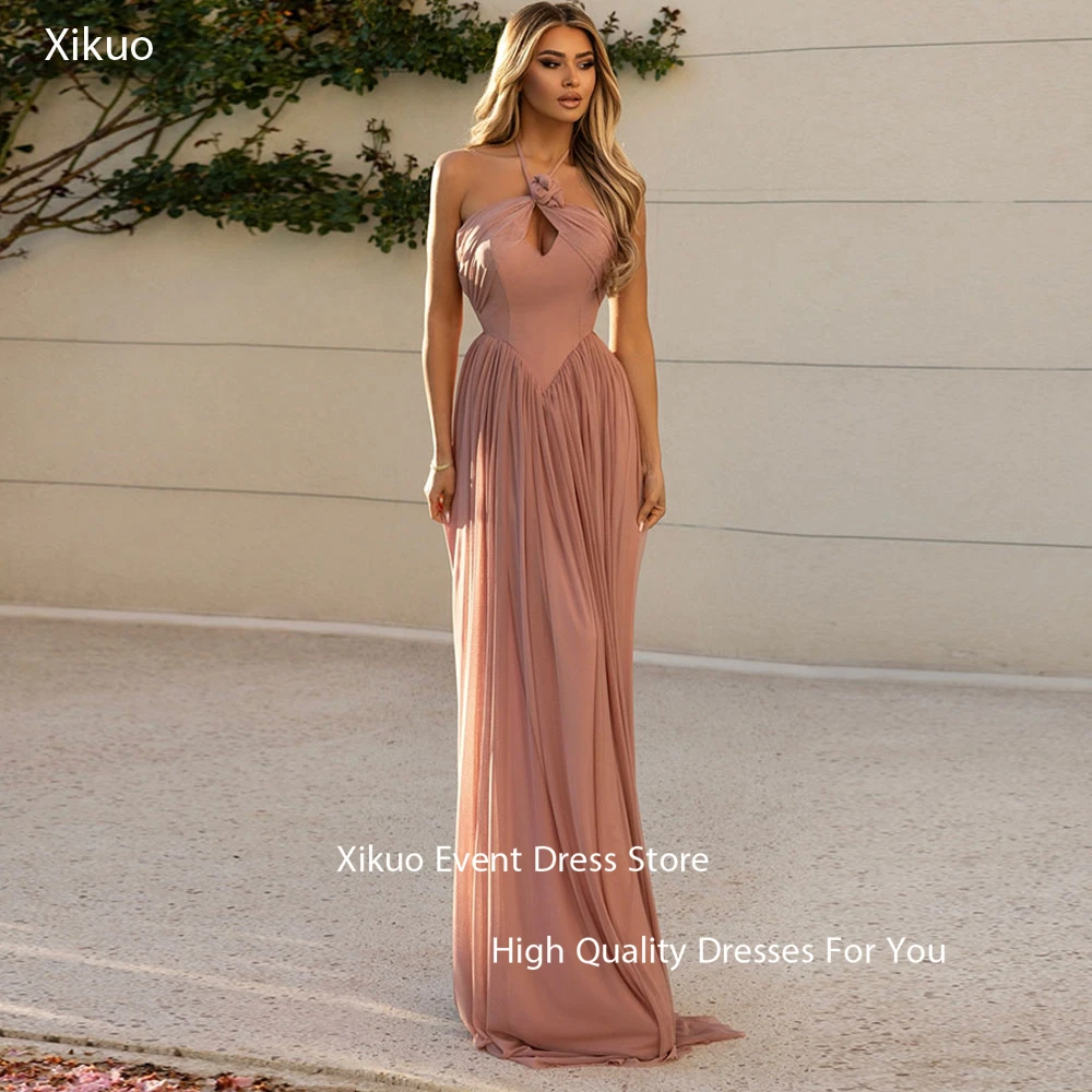 

Xikuo Elegant Chiffon Evening Gowns A Line Halter Cut Out Robe Cocktail Femmes Pleated Sleeveless Party Prom Dresses Customized