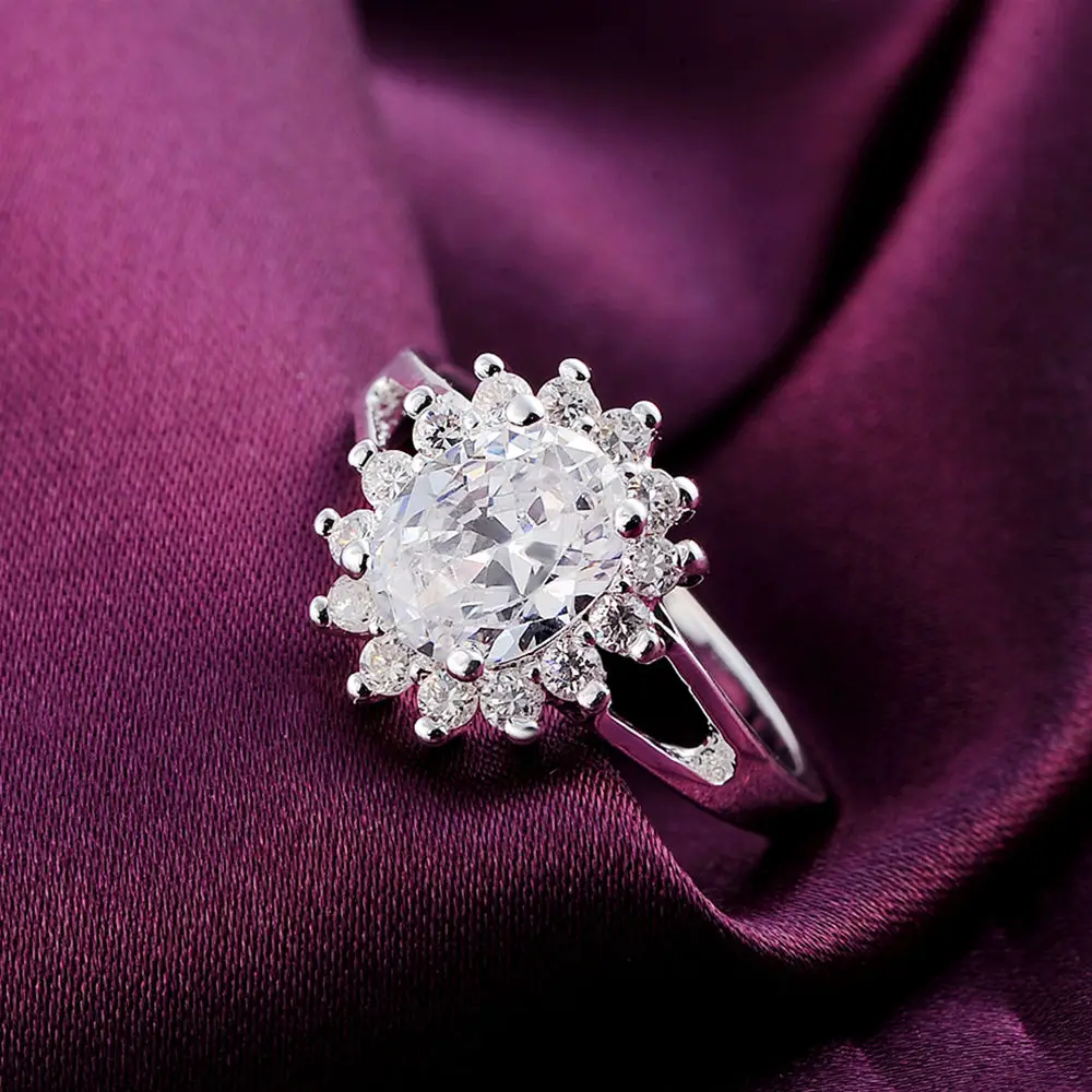 Women's 925 Sterling Silver Crystal Flower Moissanite Ring