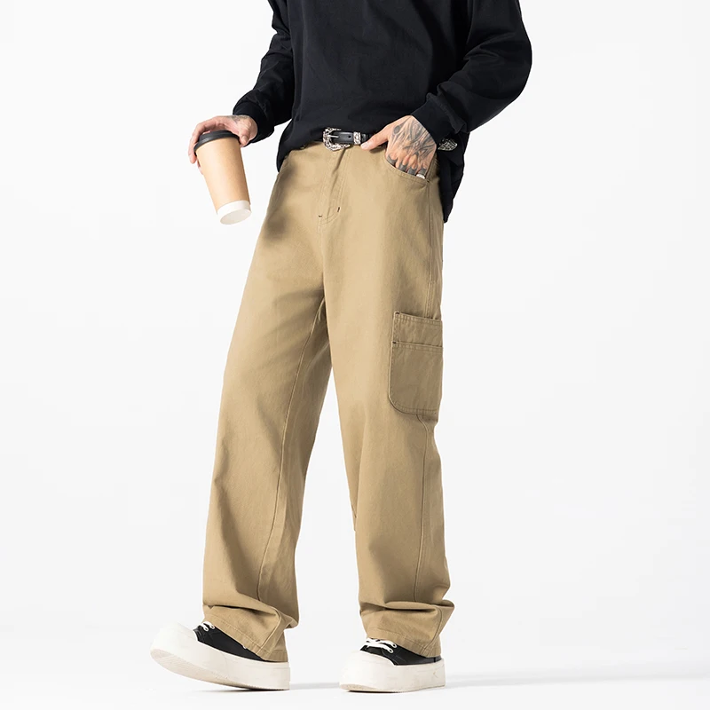 الراقية جودة اليابانية مستقيم الساق السراويل البضائع الرجال موضة فضفاضة الرجال السراويل جيب بسيط واسعة أرجل بناطيل كاجوال #1
