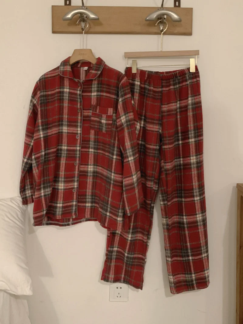 Red Plaid Cotton Pajamas Set Women Couple Lovers Two Piece Home Suit Kawaii Pockets Homewear Single Breasted Shirts + Trousers