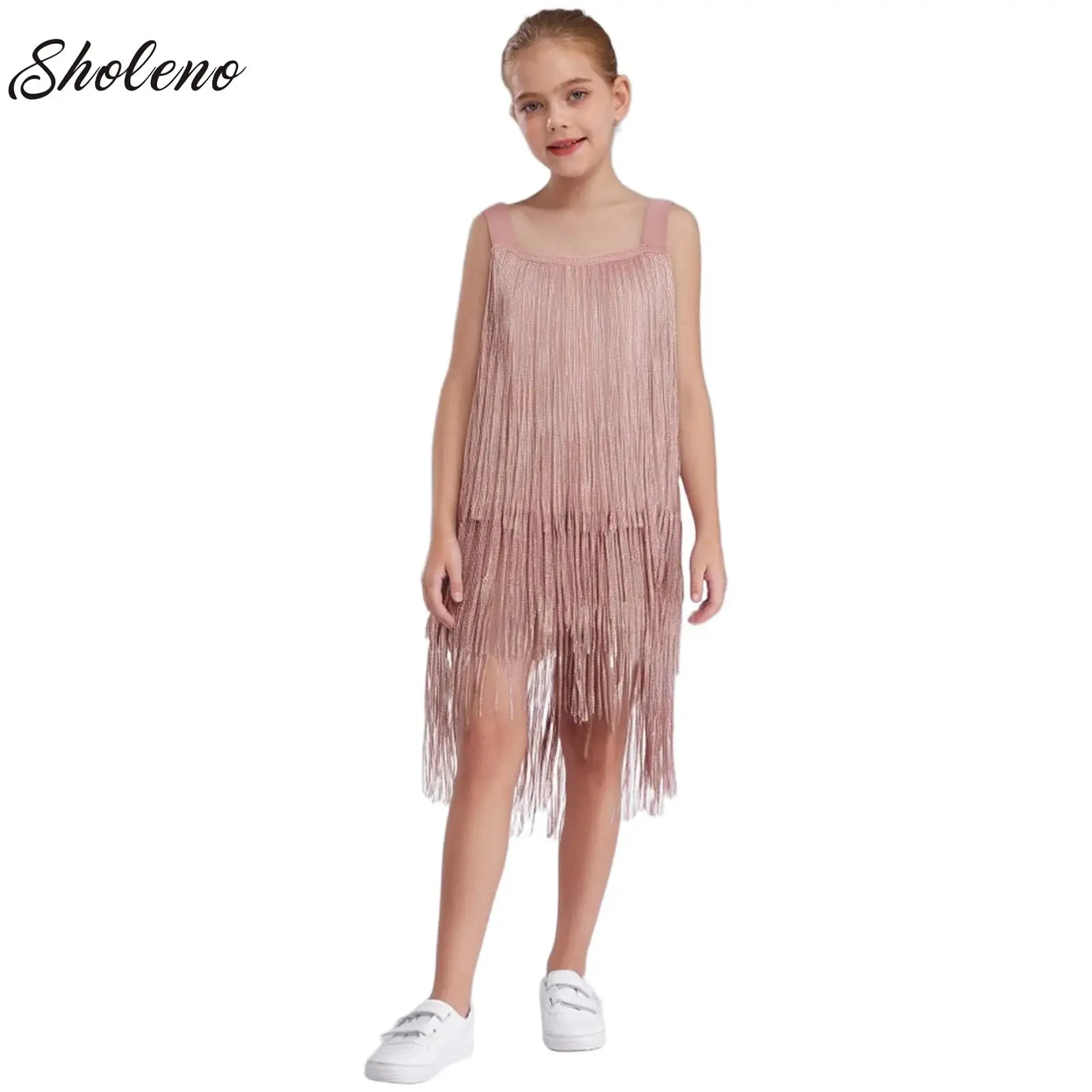 

Kids Girls Ballroom Latin Salsa Dance Dress Tiered Tassels Leotard Sleeveless Shimmering Fringe Stage Performance Dancewear