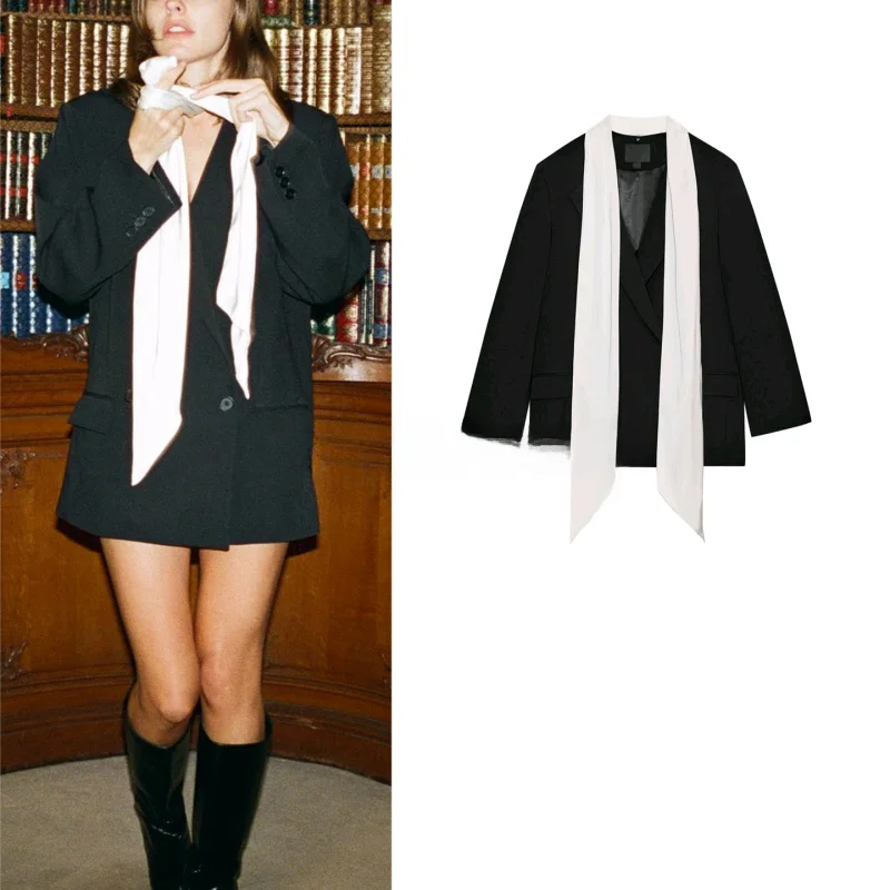 

Winter New Women's Suit Coat with oulder Pads Long Sve Turn-down Collar Detachable Scarf Color Blo Casual Sle Busine...