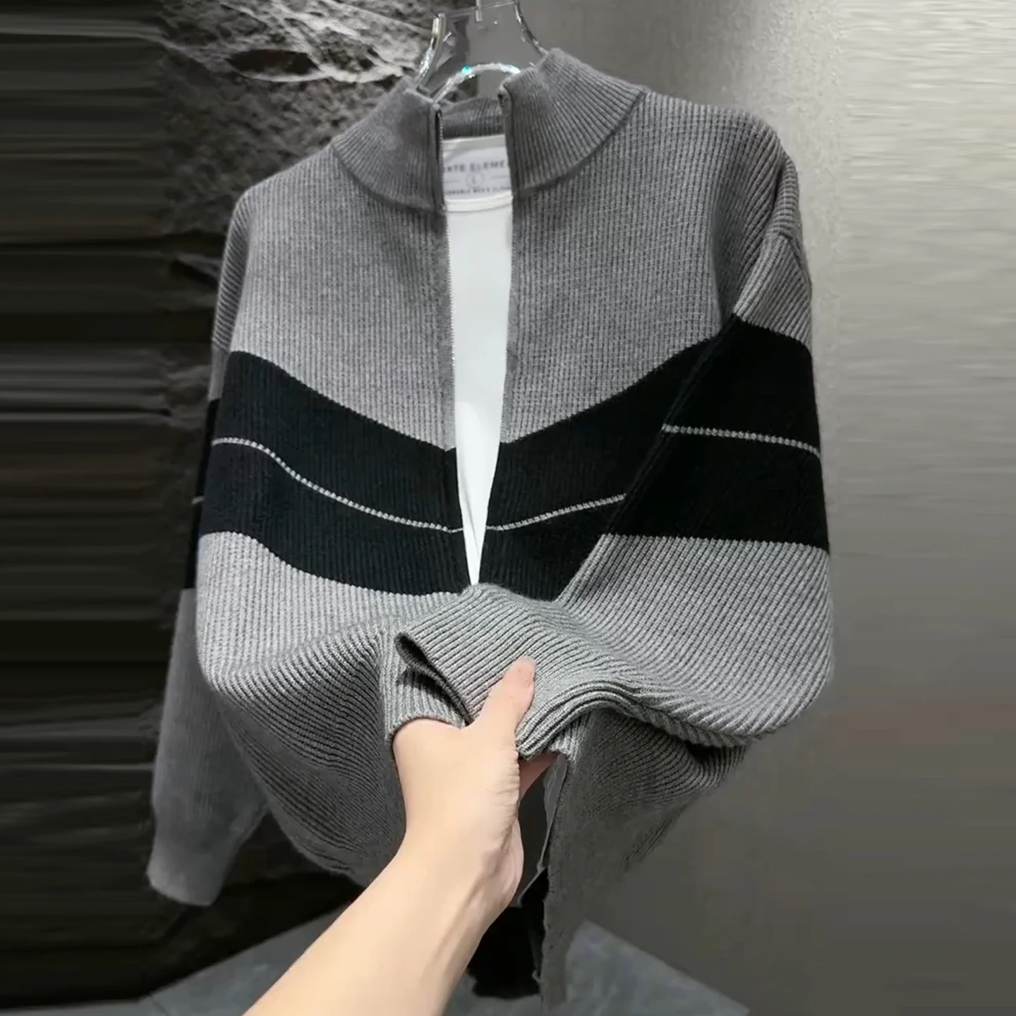 

Men's Autumn Winter Zipper Knitted Open Cardigan Casual Faion Long Sve Stand Collar Lazy Sle Versatile Trendy Outerwear