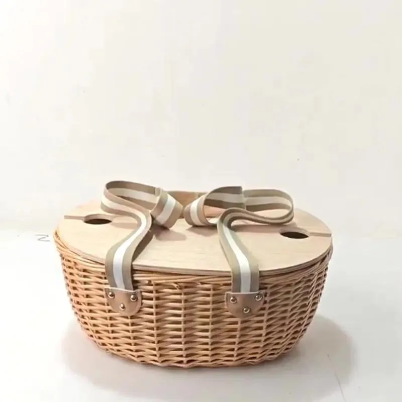 for Hand-woven natural wicker oval picnic basket foldable wooden wine glass tray removable shoulder strap wicker weave
