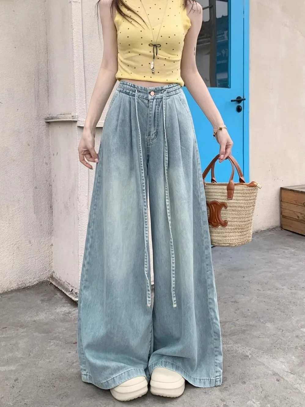 

Retro Blue Striped Wide Leg Denim Pants Women's Summer New Design Long Floor-Length Trousers Casual High Waist Jeans