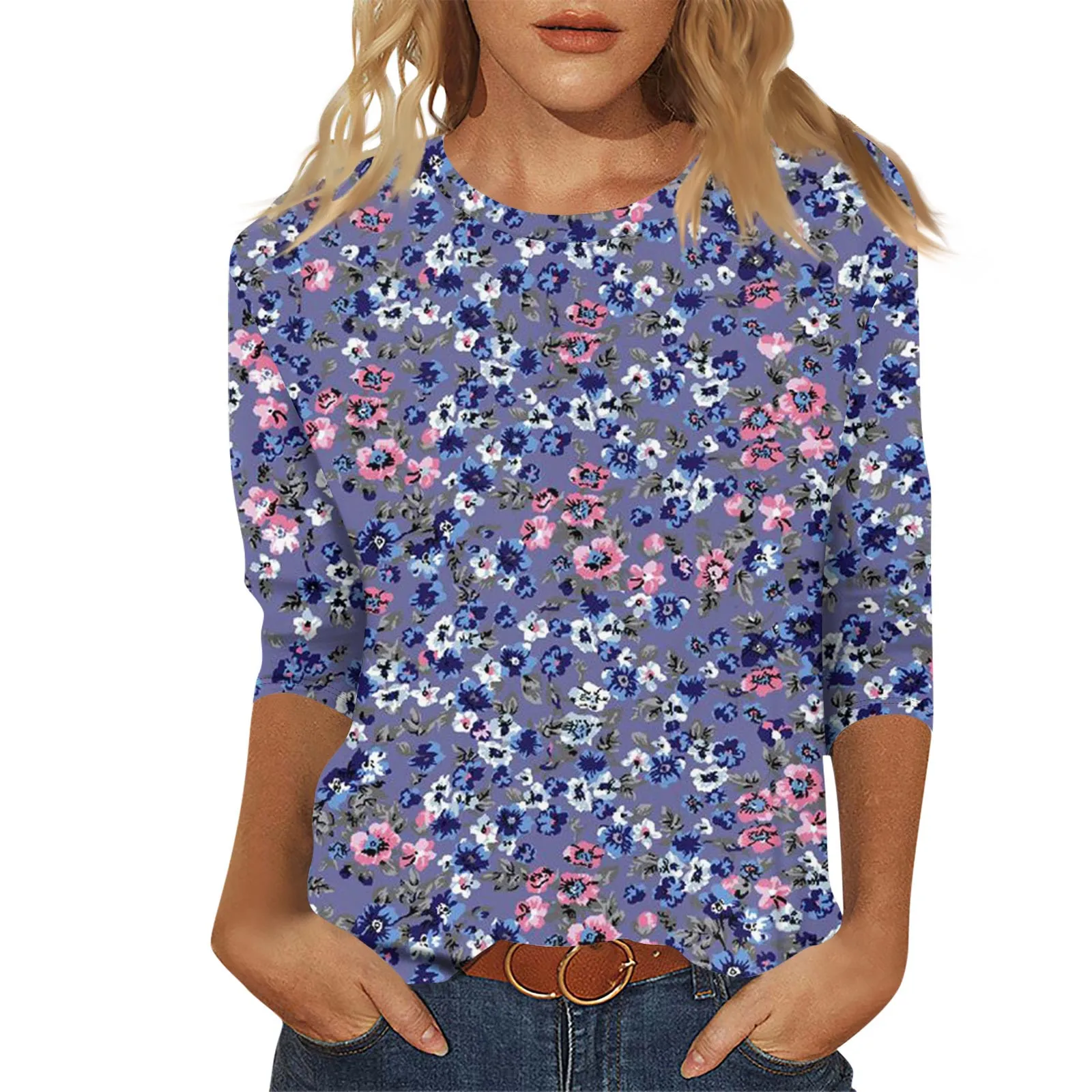 Damska koszulka retro z kwiatowym nadrukiem, rękaw siedem ósmych, modny top, Camiseta Mujer, odzież damska, Playeras De Mujeres, 여성 여름 옷