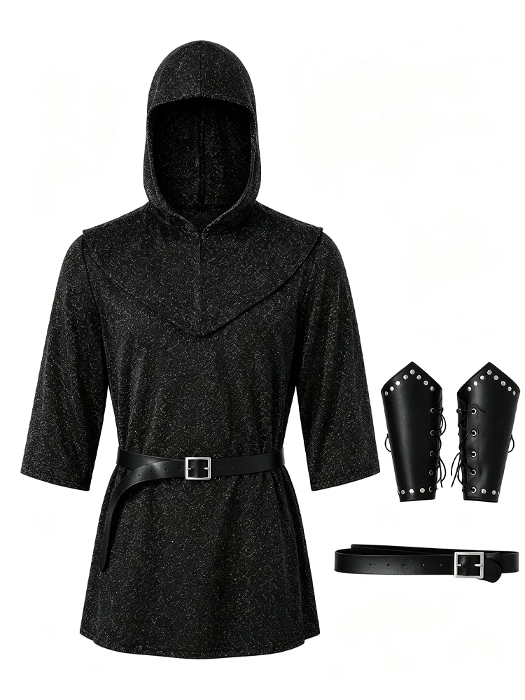Renaissance-Zeit Mittelalterliche Ritterrobe Halloween Cosplay Kostüm Aufführungskrieger Kostümset Enthält Kapuze Tunika Armschienen Gürtel