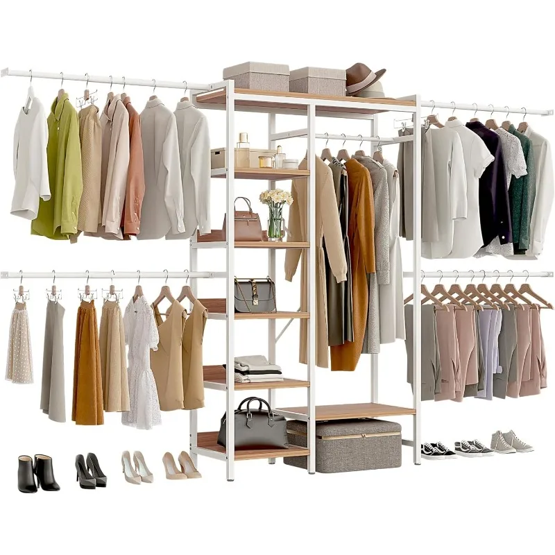 

Closet Organizer System, Adjustable Heavy Duty Garment Rack, Walk In Closet System with Long Hanging Area, 4 Expandable Han