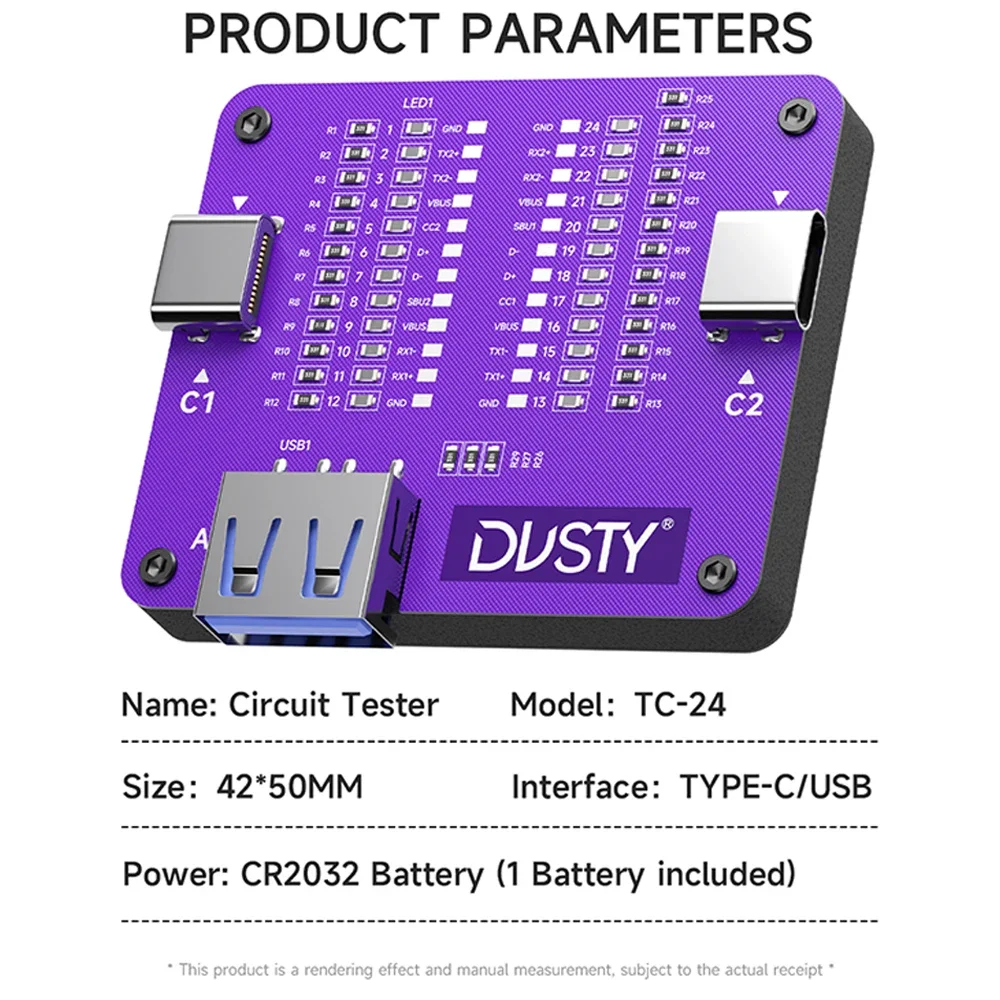 DUSTY TC-24 Type-C Cable Tester Supports Type-C/USB Interfaces for Apple Android Devices Type-C/USB Interface Cable Testing Tool