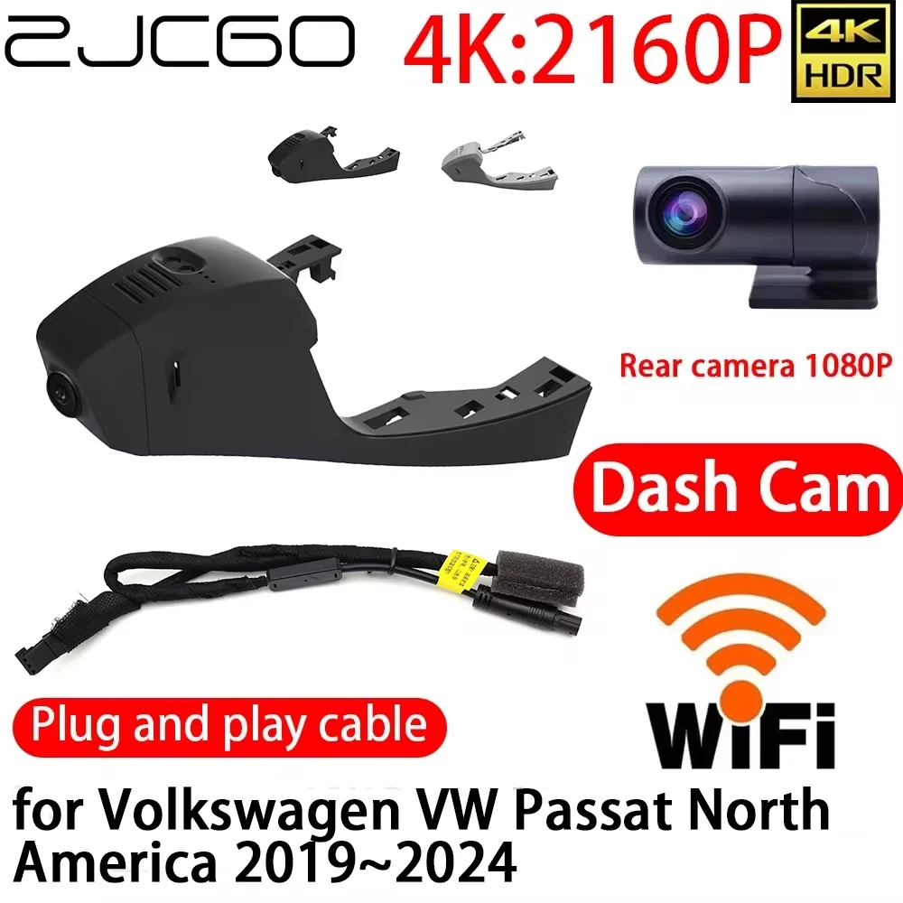 ZJCGO 4K Car DVR Dash Cam Wifi Front Rear Camera 24h Monitor for Volkswagen VW Passat North America 2019~2024