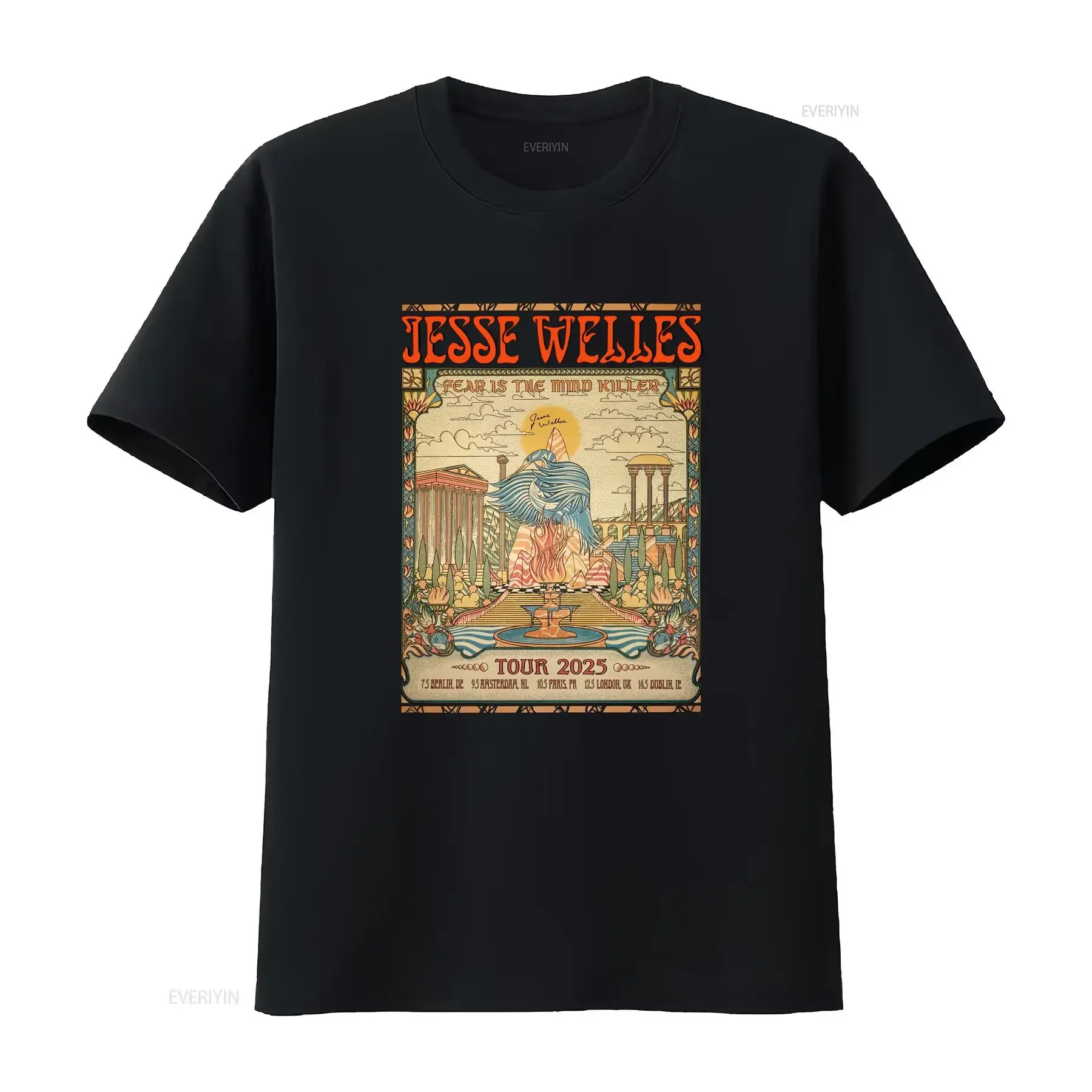 T-shirt vintage Jesse Welles Fear Is The Mind Tour 2025, vêtements de créateur délavés, haut graphique légèrement stylé pour un usage quotidien