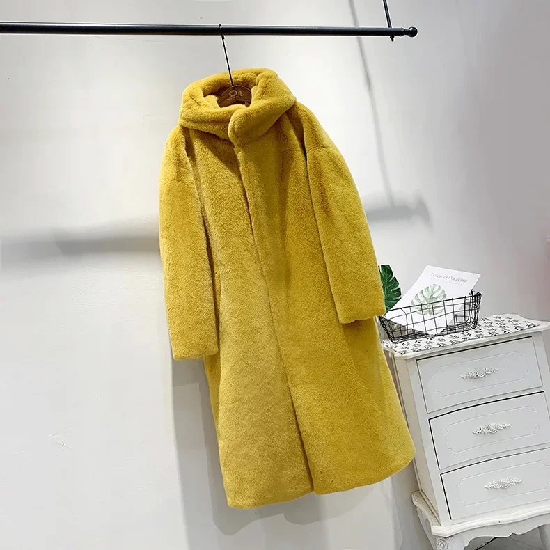 Women Thick Faux Fur Jacket Colorblock Autumn Winter Maxi Hooded Coat Long Warm Luxury Belt Fur Parkas Bontjas Furry Outerwear