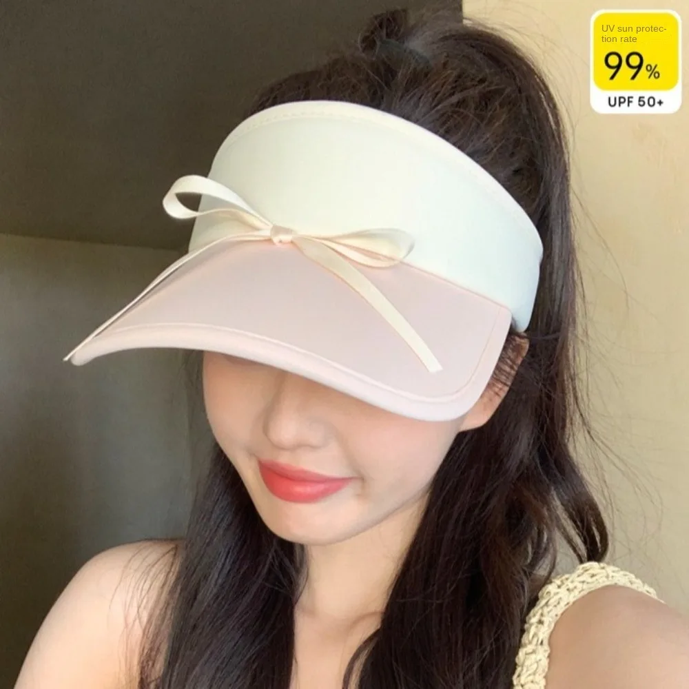 Simple Ribbon Bow Sun Hat Anti-UV Korean Style Empty Top Cap Peaked Hat Sunscreen Bowknot Visor Cap Women