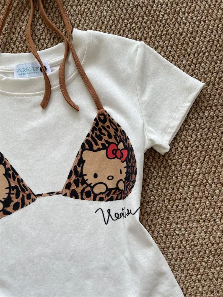 مرحبا كيتي المرأة 2025 ليوبارد تي شيرت مطبوع الصيف Y2K كاذبة قطعتين الرسن الرقبة المحاصيل الأعلى مثير العصرية المتخصصة بلوزة
