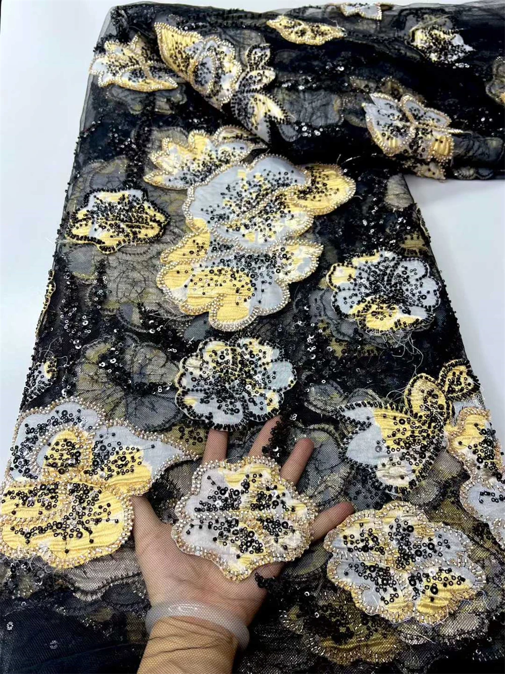 

Multicolor Tulle Gilding Flocking Beaded Sequins Fabric High Quality African Jacquard Lace Fabric Fo Party Wedding Dress 5Yards