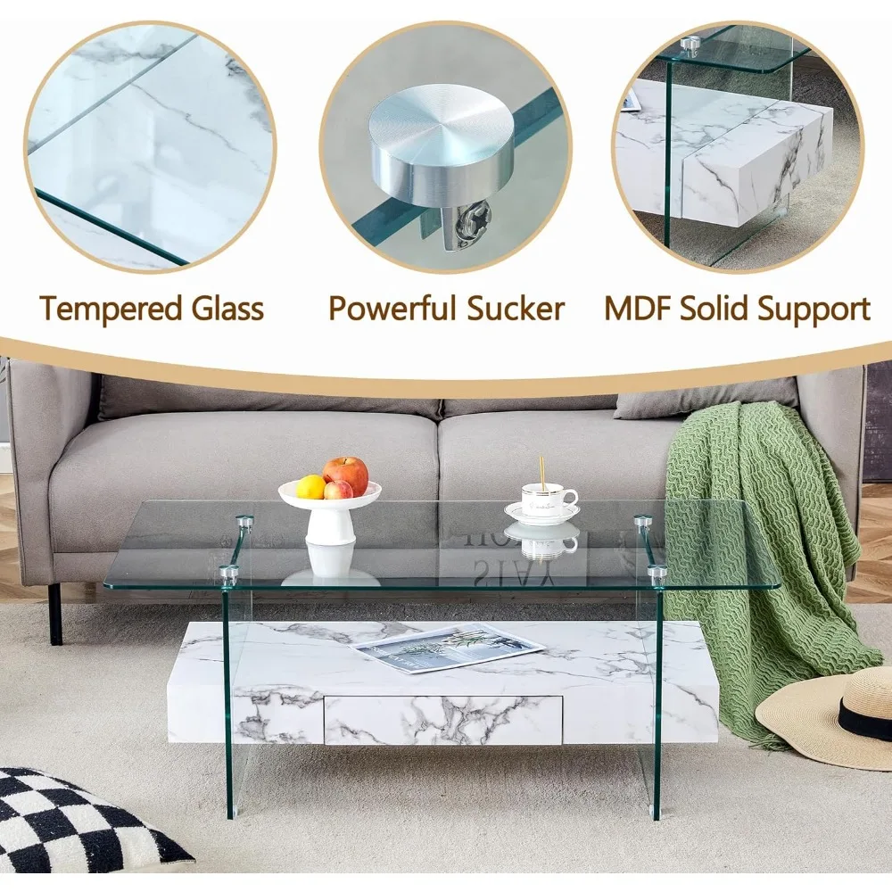 Mesa de centro de vidro para sala de estar, mesa de centro retangular branca com armazenamento, mesa central moderna de 2 camadas de 43,3 polegadas com mármore