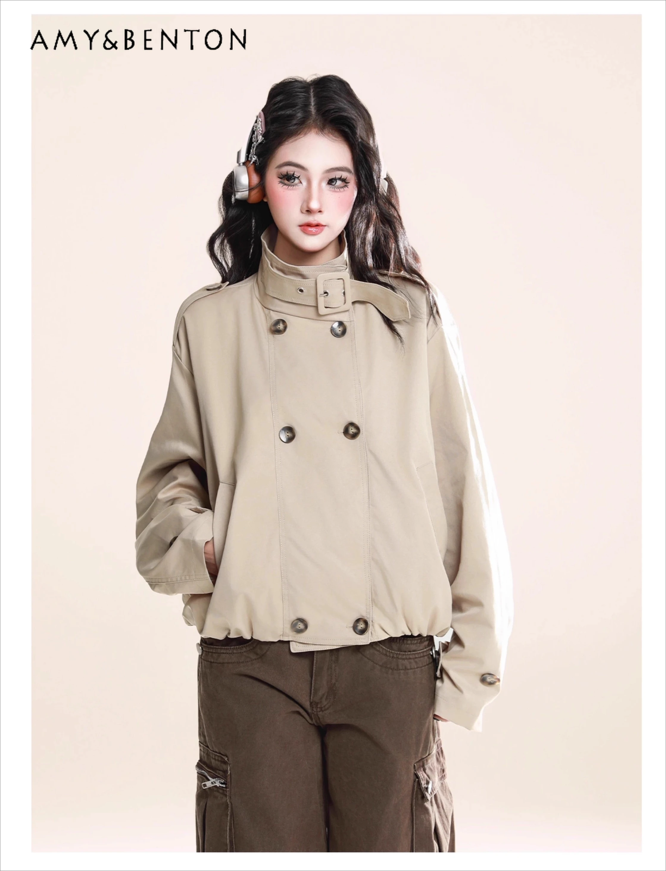 

Весенне-осенний двубортный плащ в японском стиле ретро с воротником-стойкой для женщин, рабочая одежда кофейного цвета, длинные брюки