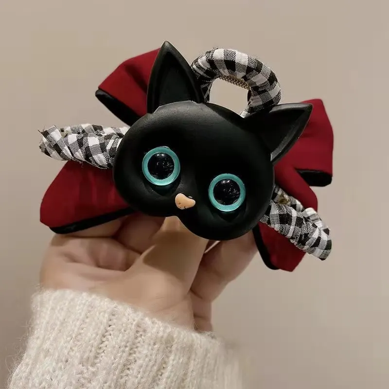 New Cartoon Cat Hair Claw for Women Vintage Check Bow Claw Clips Cute Temperament Hairpin Trendy Casual Aesthetic Hair Accessory