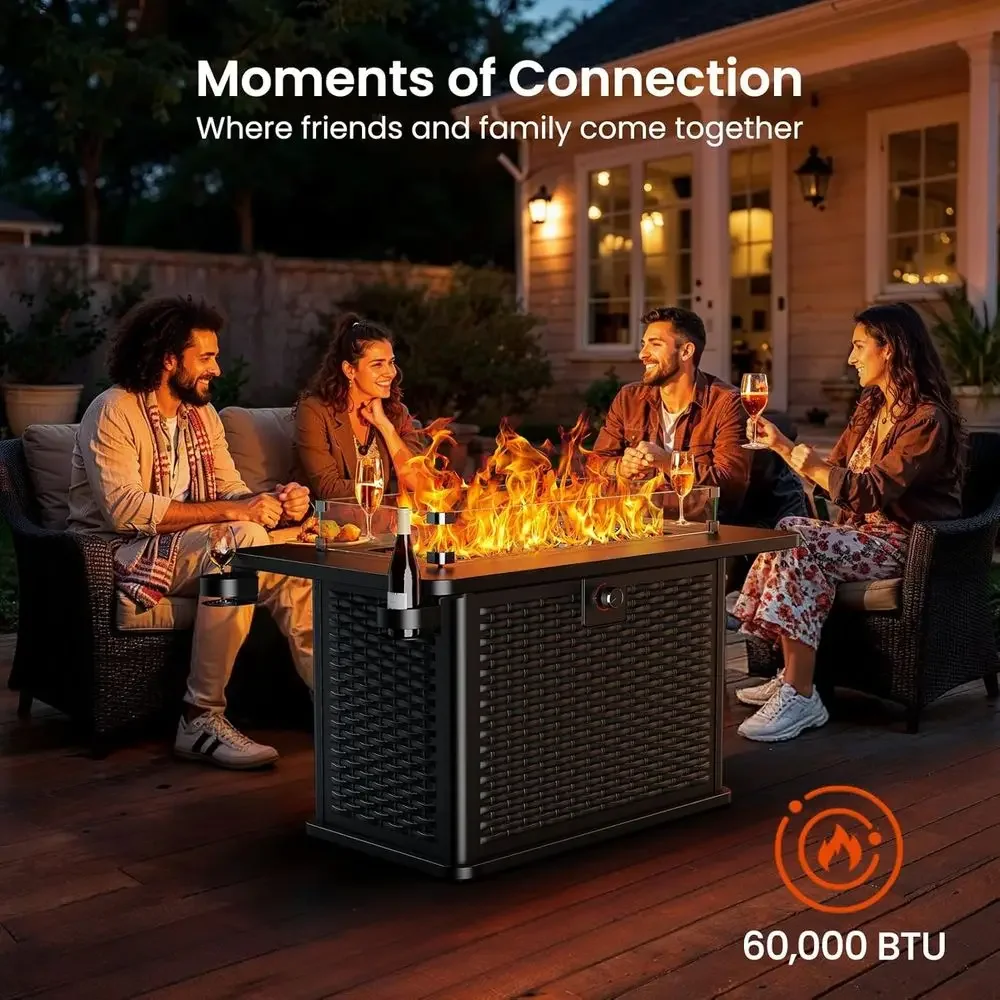 43 Outdoor Propane Fire Pit Table with 60,000 BTU Burner, Premium Glass Rocks, Wind Shield, Waterproof Cover, and Cup Holders