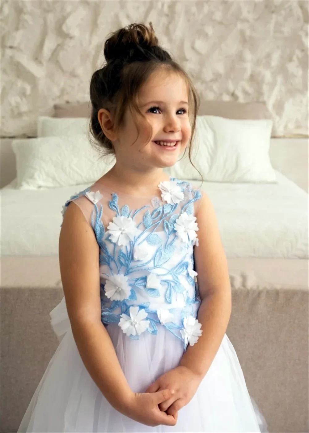 Flower Girl Dress Cute Girls Tulle Appliques Bow Sleeveless for Wedding Dresses Kids Birthday GIFT Banquet First Communion