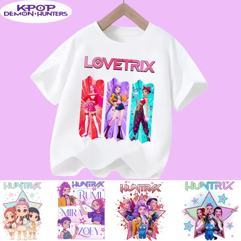 Summer T-shirt casual top with cartoon print, children's pure cotton short-sleeved K-pop Demon Hunter girl cute sports shirt