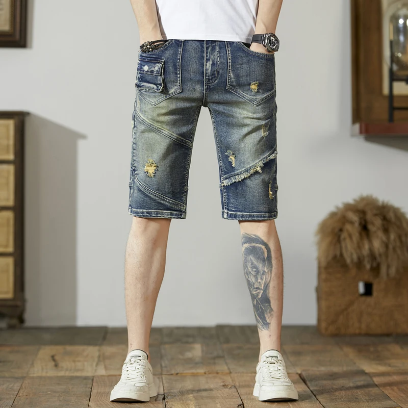 

Retro Denim Shorts Men's Ripped Stitching Fashion Motorcycle Personality Retro Korean Type Slim Stretch Cropped Pants