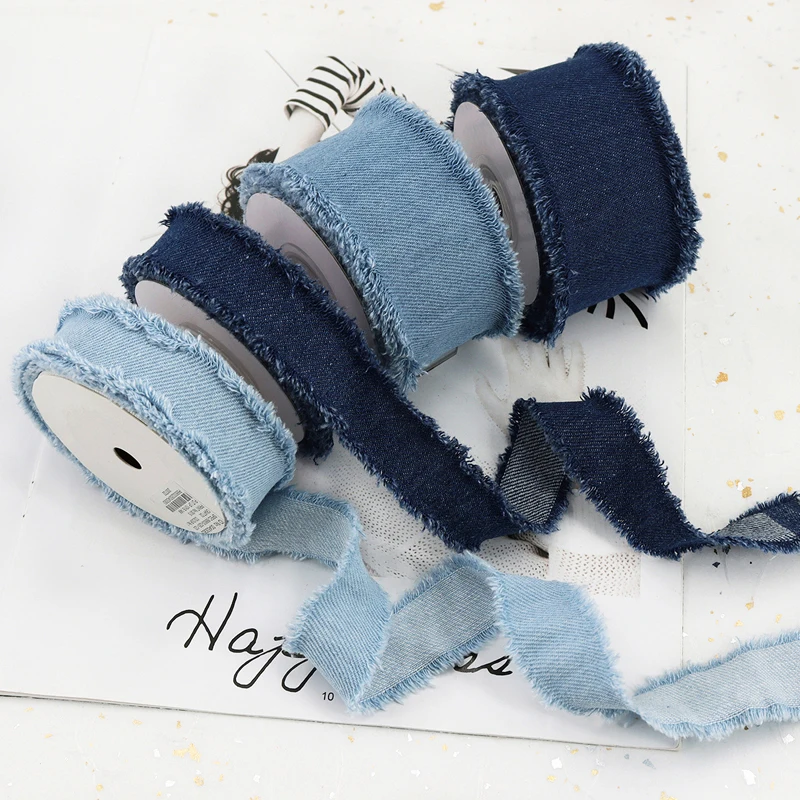 

600cm Long Denim Fabric Tassel Edge Ribbon DIY Handmade Hairclip Bows Denim Sewing Gift Wrapping Decoration Material