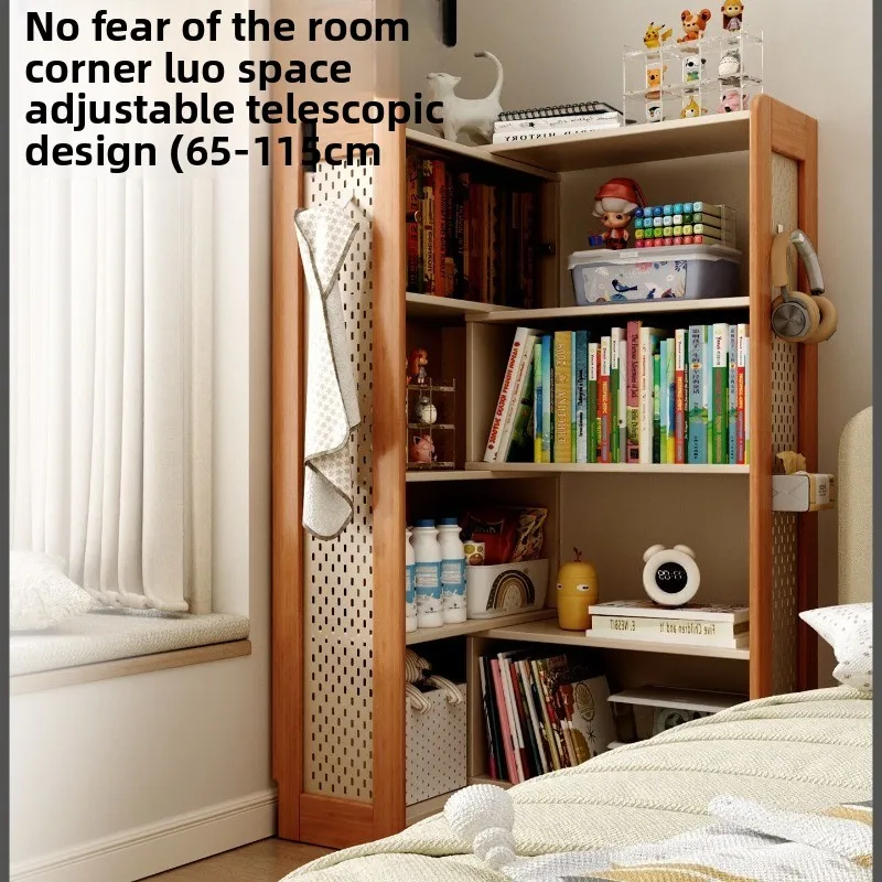 Solid wood bookshelf, floor-to-ceiling picture book shelf, student household bookcase, integrated retractable lattice cabinet