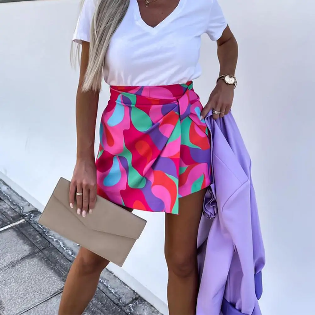 Short Pants Geometric Printed Women Divided Skirt Summer Outdoor Casual Pantskirt With High Waist For Daily Wear