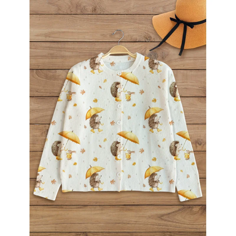 

Sweet Cute Hedgehog Print Women's Sweater Cardigan Thickened Loose Round Neck Long Sleeve Button Autumn Winter Outdoor Leisure