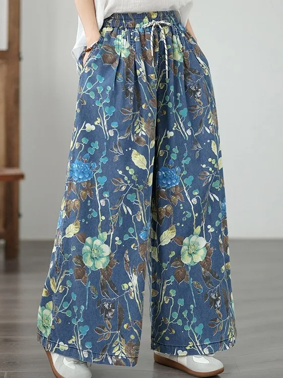

New Heavyweight Printed Denim Jeans plus Size Women's Elastic Loose Slimming Casual Straight Leg Wide Leg Pants
