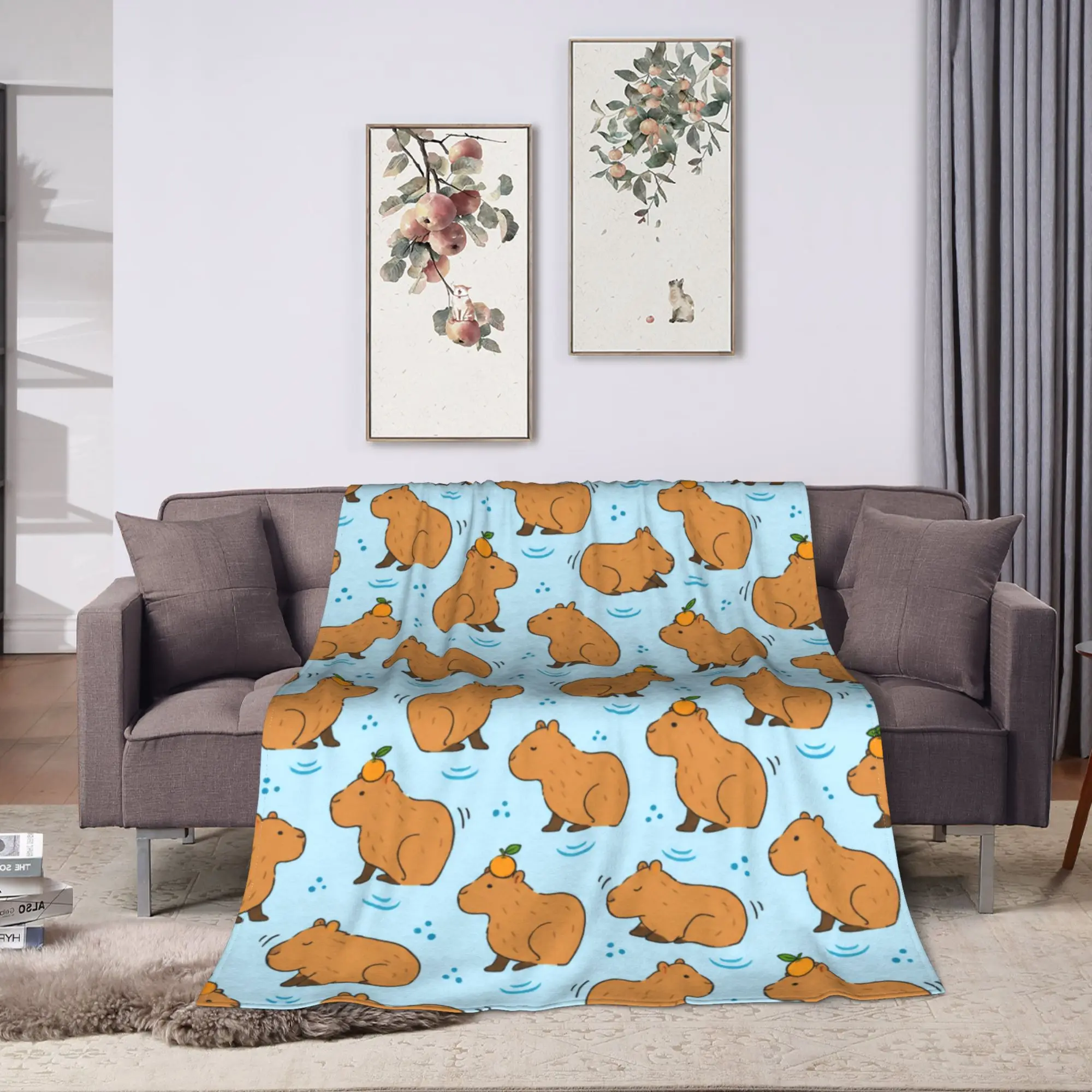 Blue Capybara Print Soft Warm Blanket  Students Plush Throw Blanket Comfortable Couch Bed Flannel Bedspread Sofa Bed Cover
