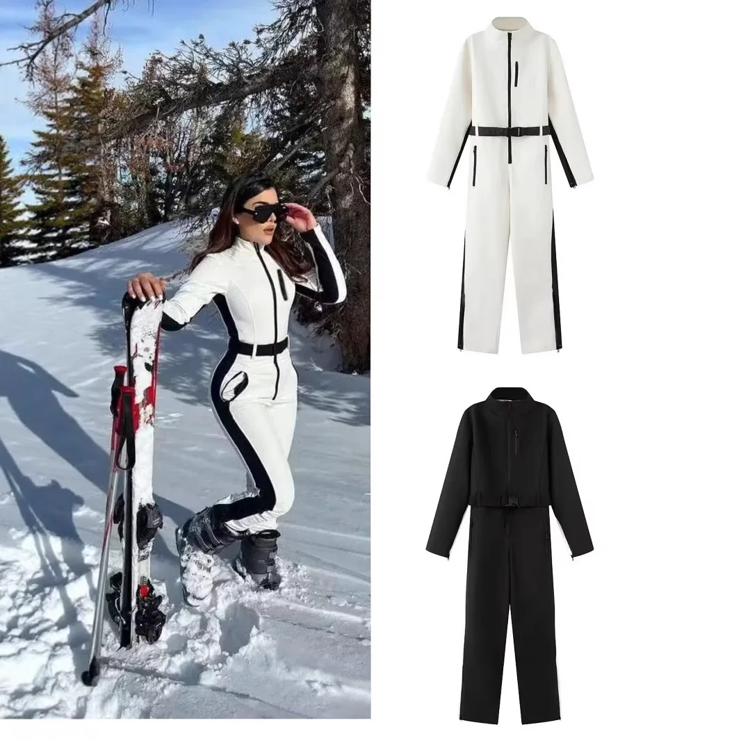 

Новинка 2025, женская белая цельная лыжная стеганая куртка с завязкой на талии, черные украшения, теплая ветрозащитная многоцветная куртка