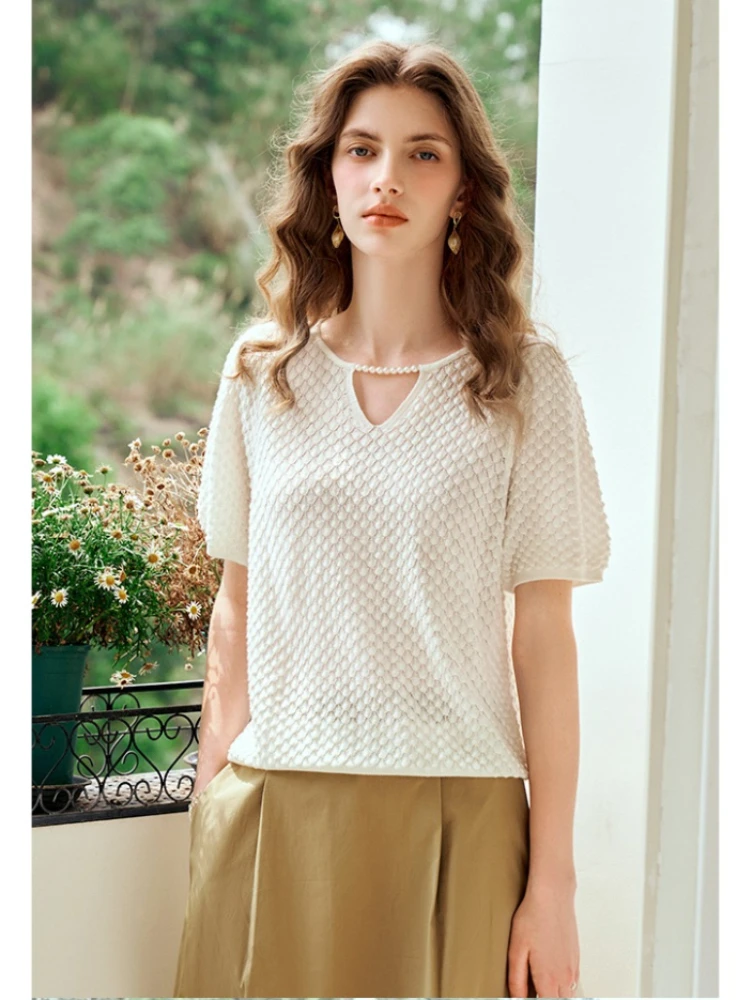 

OLrain женские пуловеры 2326, летний французский вязаный свитер с v-образным вырезом, свободный жемчуг, круглый вырез, полые топы с короткими рукавами O24XZ92208