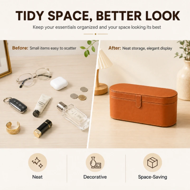 Elegant Faux Leather Oval Storage Box, Fine Stitching Desktop Holder, Multi‑Purpose Storage Case for Home Decor