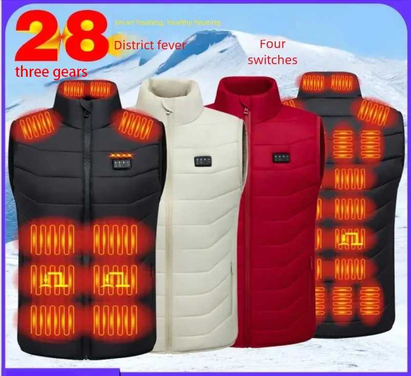 28 منطقة سترة ذكية ساخنة معطف التدفئة الكهربائية للجنسين ملابس رياضية شتوية للرجال والنساء أربعة تحكم صدرية التدفئة الكهربائية