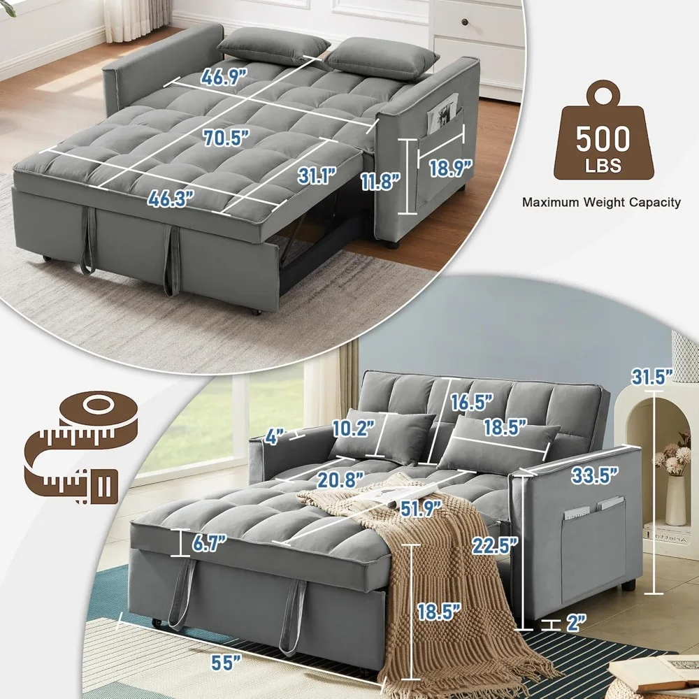 Bed, 55'' 3-in-1 Sleeper Loveseat 2-Seater Pull Out Couch, Velvet Futon Adjustable Backrest, Reclining Sofa Bed, Bed