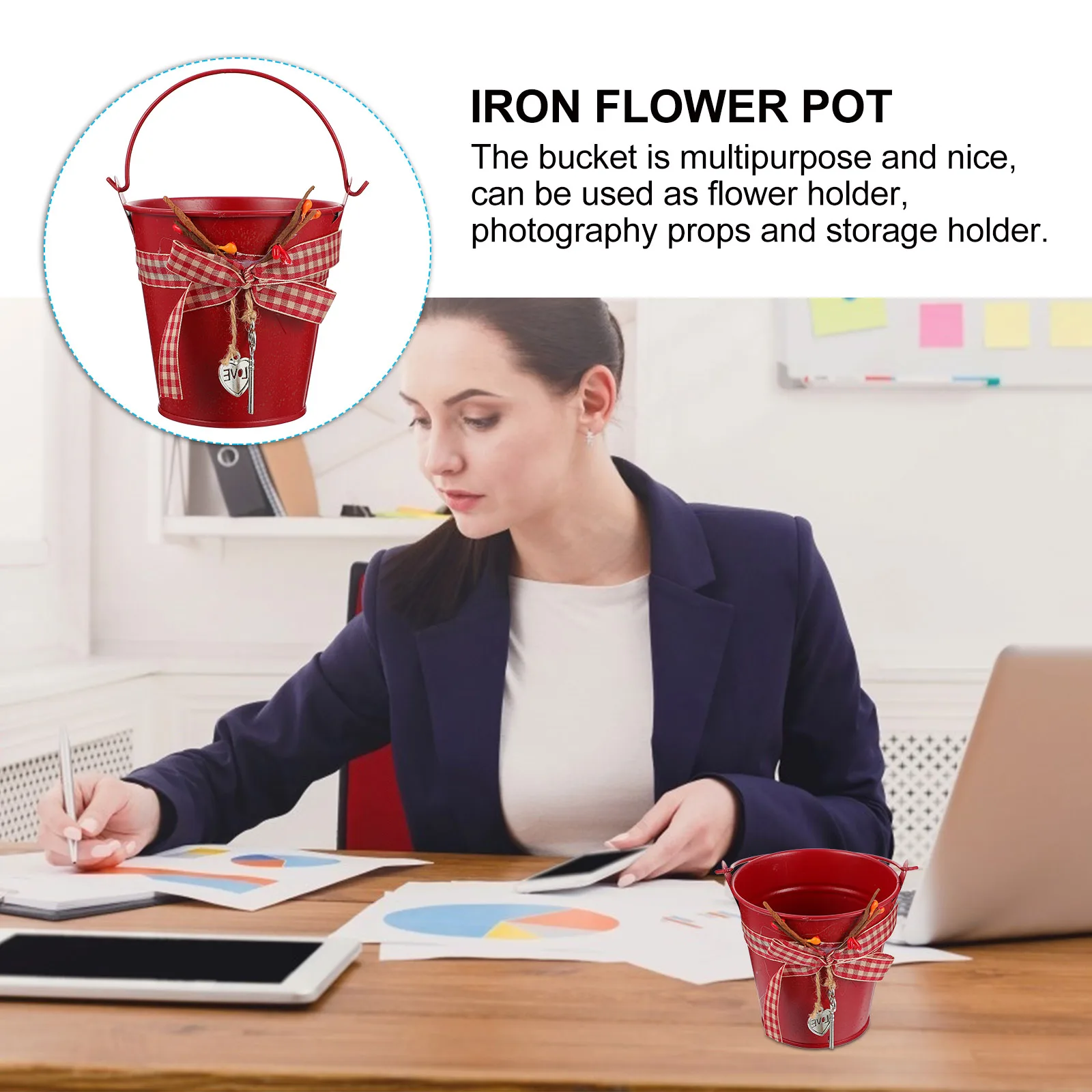 

Iron Flowerpot Bucket Durable Home Flower Holder Creative Shape Decorative Plant Pot Handle Multipurpose Storage Garden Elegant