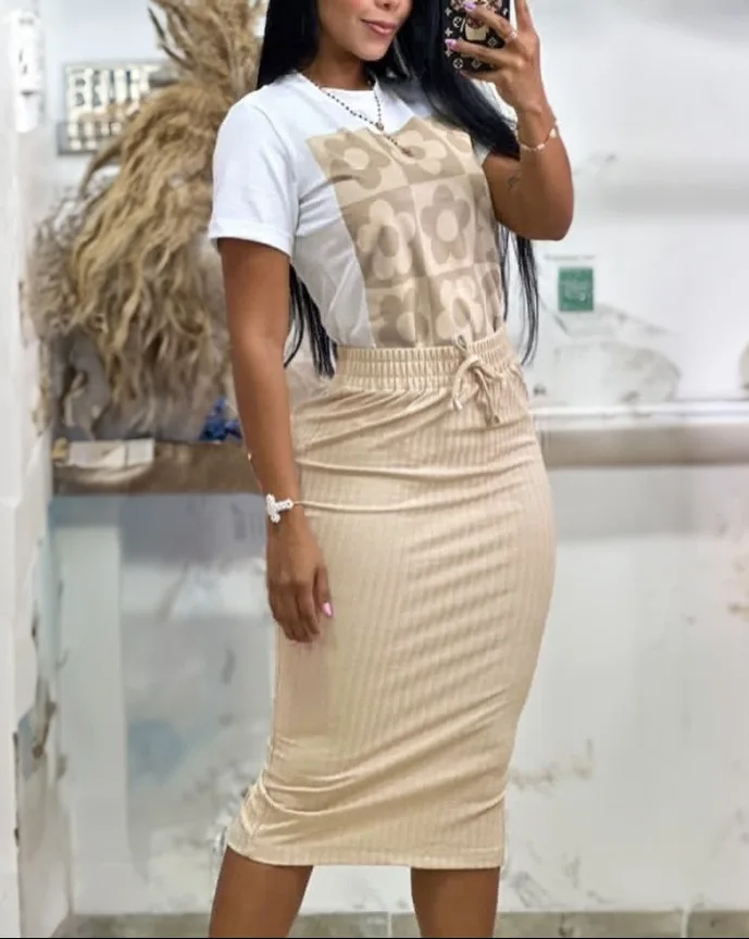 

Summer Fashion Print Suit Women Elegant Round Neck Short Sleeve Top Solid Elastic Waist Package Hip Skirt 2 Piece Set 2024 New