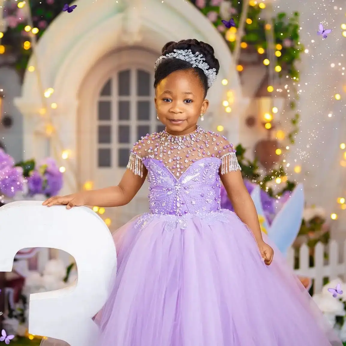 Lavender Beading Girls Birthday Party Dresses Customized Crystal Flower Girl Dresses for Wedding Baby Ball Gowns for Photo Shoot