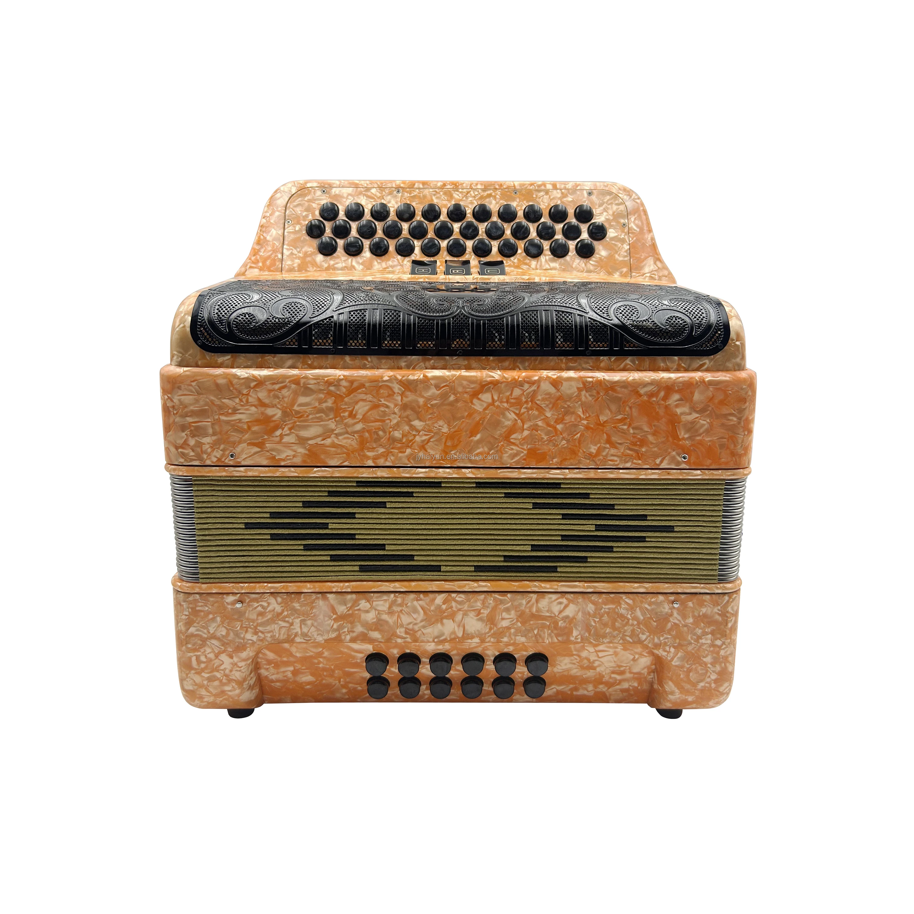 

Professional 34-Button 12-Bass 3-Register Accordion Orange Celluloid Body Black Grill Buttons Diatonic Wood Acordeon