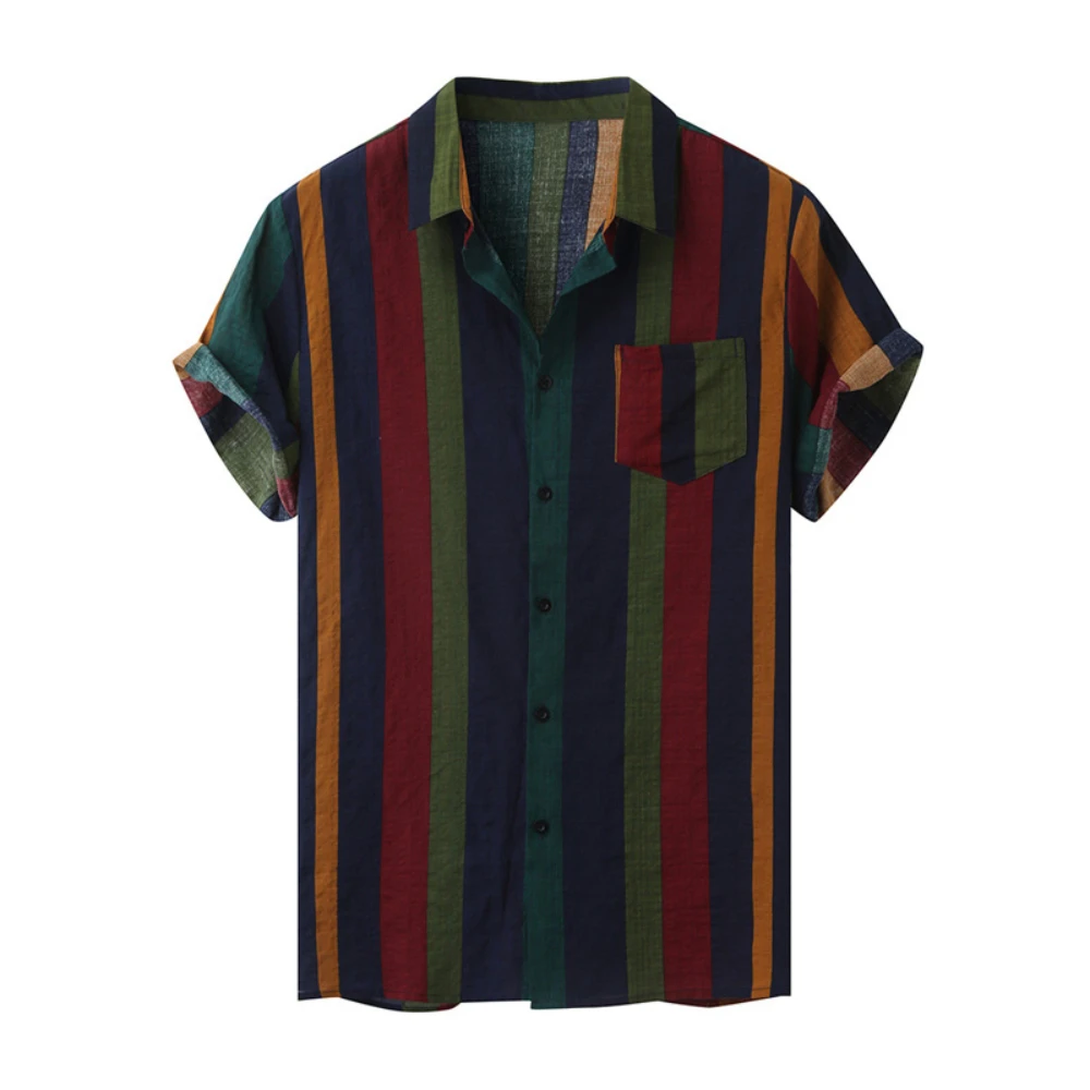 Men's Short Sleeve Hawaiian Shirt Single Breasted 3D Printed Multicolor Striped Casual Loose Premium Oversized Shirt S-5x