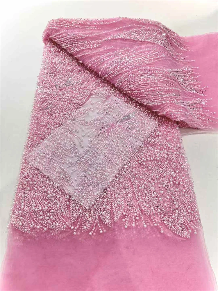 5 Yards High-end Heavy Beaded Fabric Latest African Luxury Sequins Groom Embroidery Fabric French Tulle Lace For Sewing Wedding